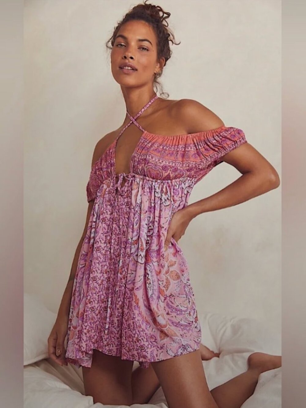 Free People Intimately Bali Mariposa Boho Paisley Mini Slip Tunic Pink - Size XS